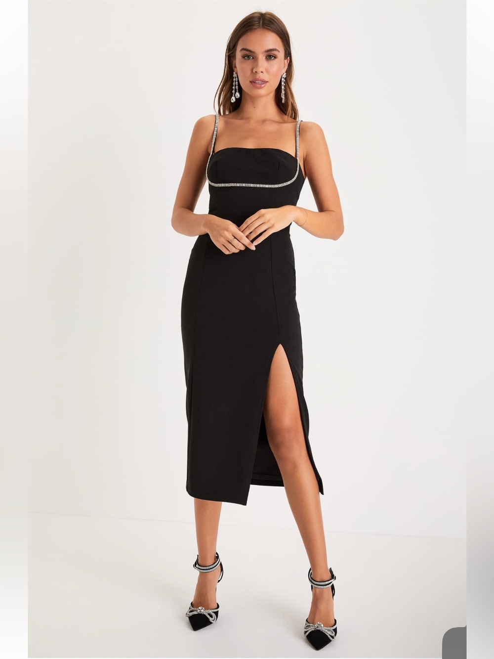 NWT Lulu’s Black Midi-Dress w/ Silver Rhinestone Chain Straps (XL)